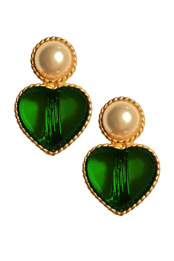 Esmety Πράσινα Σκουλαρίκια Καρδιές με Πέρλα και Κλιπ | Κοσμήματα - Σκουλαρίκια με Κλιπ - Esmety Green Heart Pearl Clip Earrings