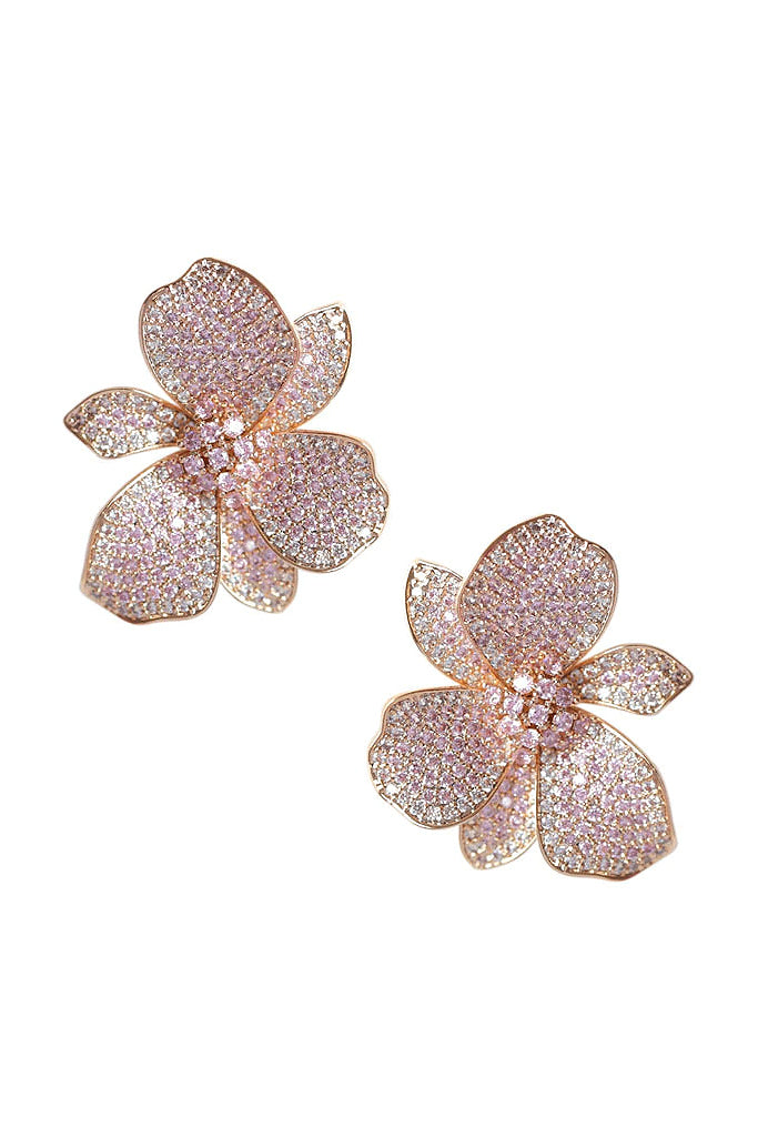 Aratty Σκουλαρίκια Λουλούδια με Κρύσταλλα σε Ροζ Χρυσό | Κοσμήματα - Σκουλαρίκια | Aratty Rose Gold Crystal Flower Pierced Earrings