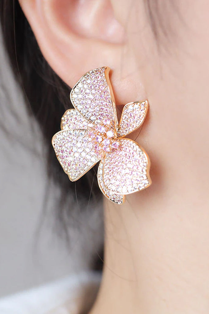 Aratty Σκουλαρίκια Λουλούδια με Κρύσταλλα  σε Ροζ Χρυσό | Κοσμήματα - Σκουλαρίκια | Aratty Rose Gold Crystal Flower Pierced Earrings