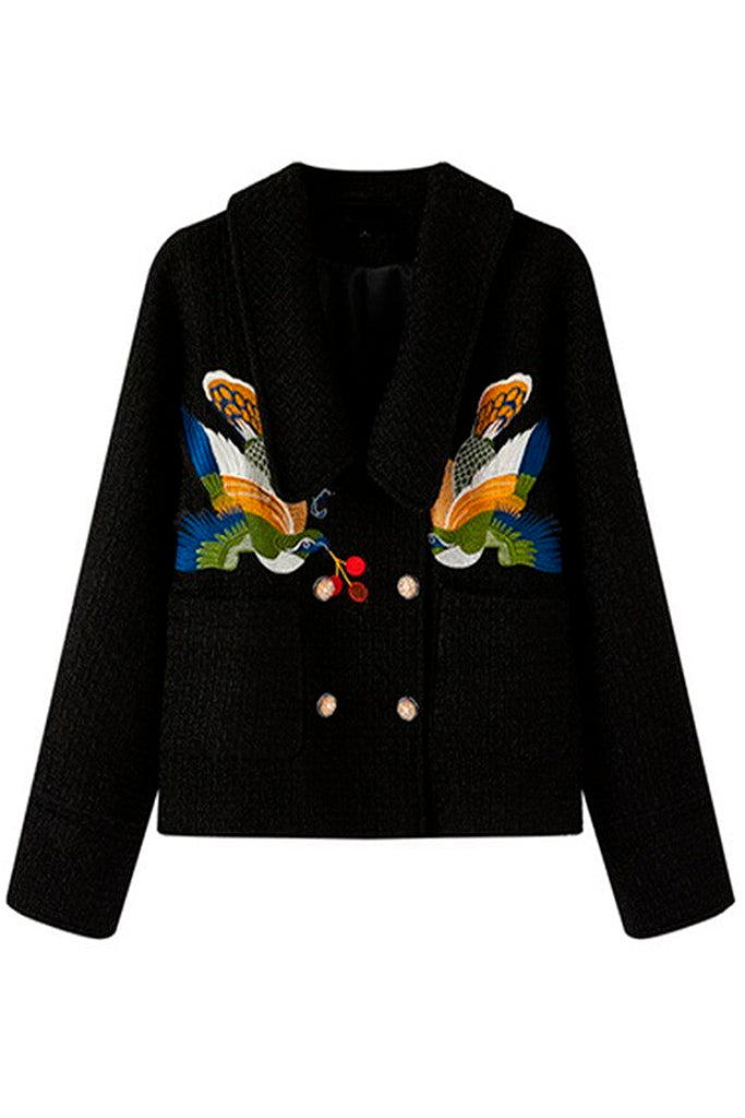 Bird Sounds Μαύρο Σακάκι Πανωφόρι με Κεντήματα Πουλιών | Γυναικεία Ρούχα - Σακάκια