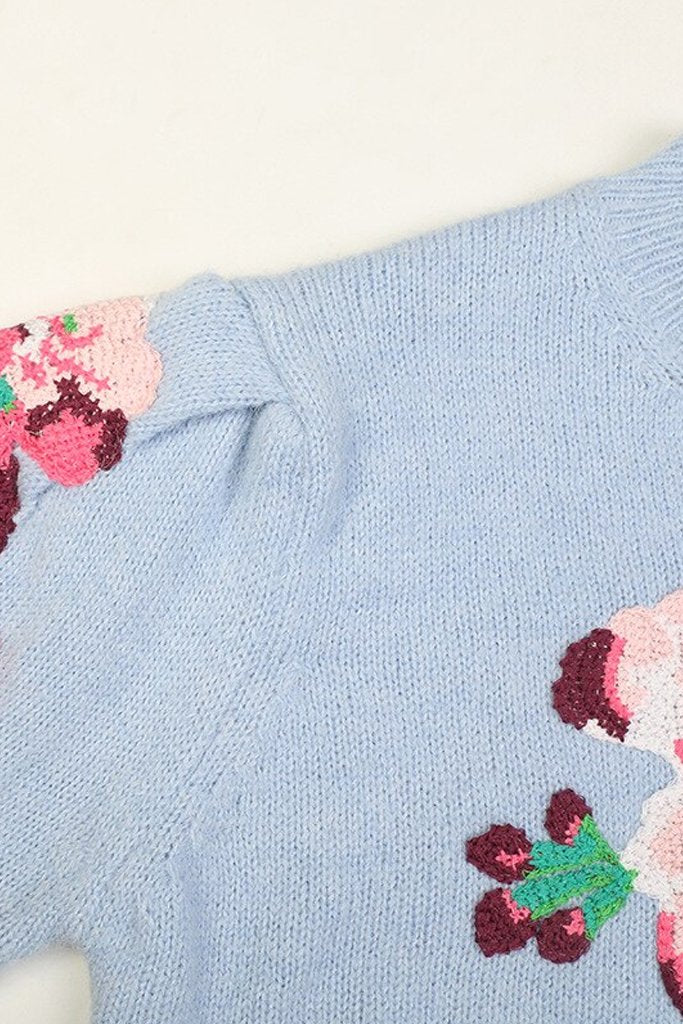 Ayla Γαλάζιο Πουλόβερ με Κέντημα Λουλουδιών | Γυναικεία Ρούχα - Μπλούζες - Πουλόβερ - Πλεκτά