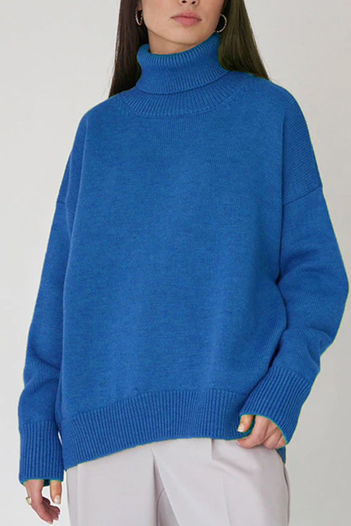 Sletty Μπλε Ασύμμετρο Πουλόβερ με Ζιβάγκο | Γυναικεία Ρούχα - Πουλόβερ Πλεκτά Moncye Sletty Blue Asymmetrical Turtleneck Sweater Knitwear