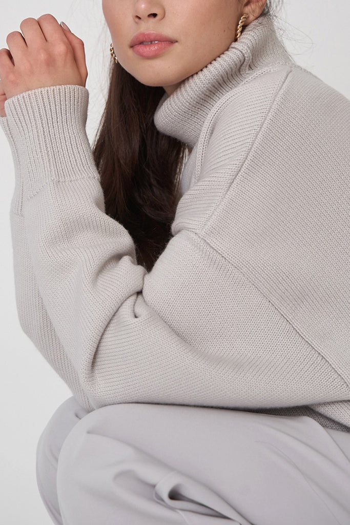 Sletty Γκρι Ασύμμετρο Πουλόβερ με Ζιβάγκο | Γυναικεία Ρούχα - Πουλόβερ Πλεκτά Moncye Sletty Grey Asymmetrical Turtleneck Sweater Knitwear