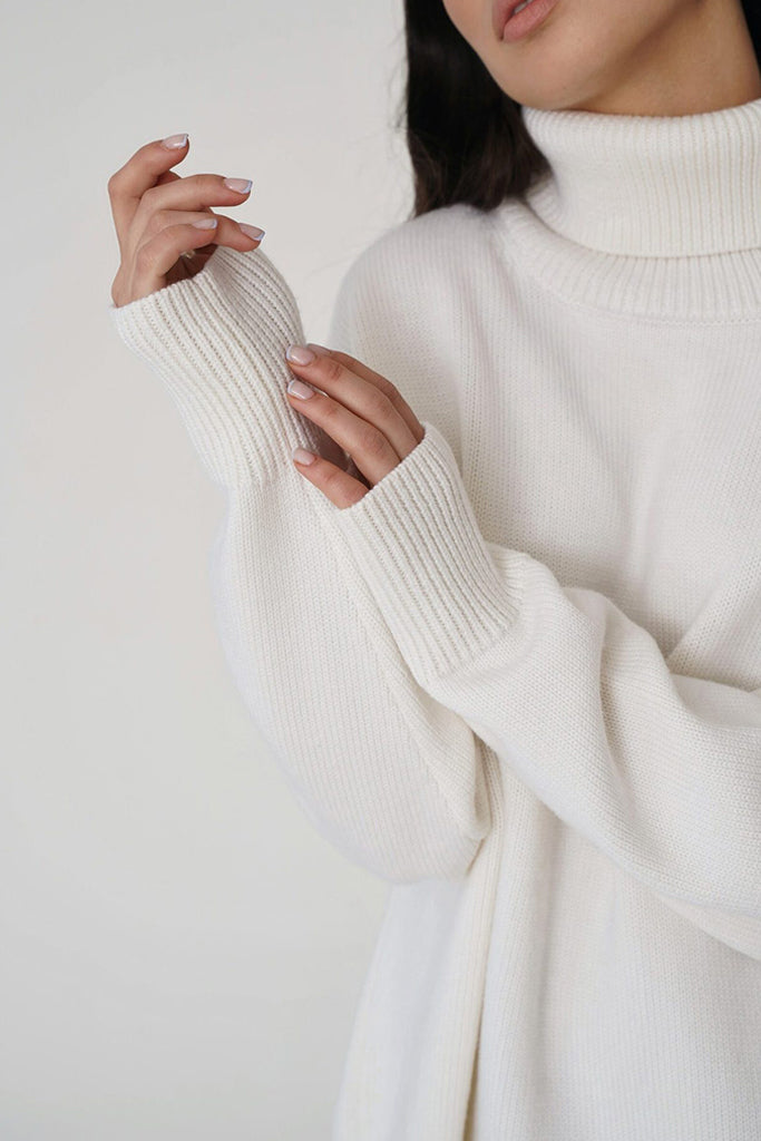 Sletty Λευκό Ασύμμετρο Πουλόβερ με Ζιβάγκο | Γυναικεία Ρούχα - Πουλόβερ Πλεκτά Moncye Sletty White Asymmetrical Turtleneck Sweater Knitwear