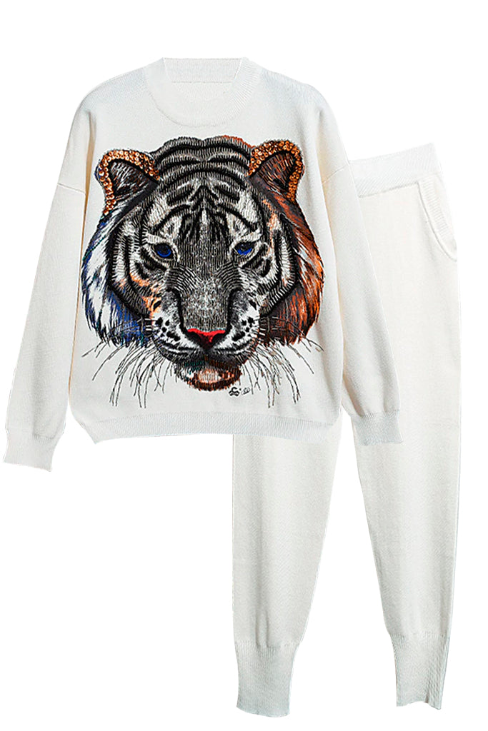 Rajah Σετ Πουλόβερ και Παντελόνι με Σχέδιο Τίγρης και Κέντημα | Γυναικεία Ρούχα - Diane Ford