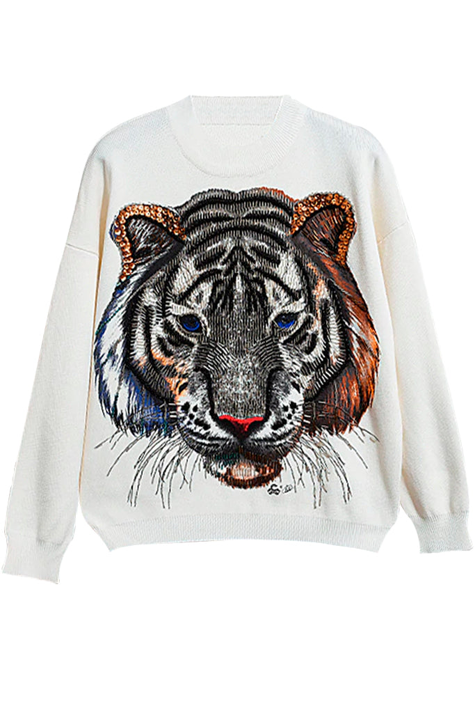 Rajah Λευκό Σετ Πουλόβερ και Παντελόνι με Σχέδιο Τίγρης και Κέντημα | Γυναικεία Ρούχα - Diane Ford