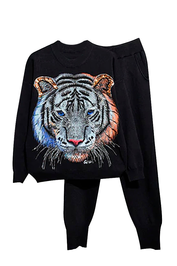 Rajah Μαύρο Σετ Πουλόβερ και Παντελόνι με Σχέδιο Τίγρης και Κέντημα | Γυναικεία Ρούχα - Diane Ford