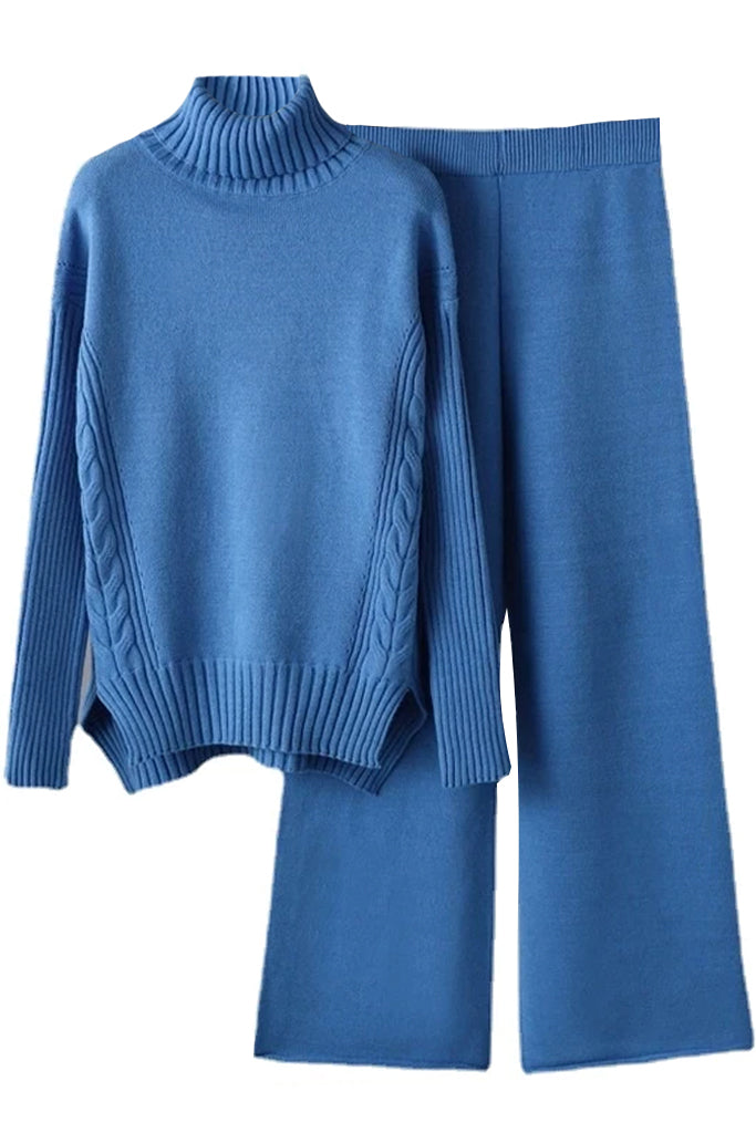 Signy Μπλε Πλεκτό Σετ Πουλόβερ και Παντελόνι | Γυναικεία Ρούχα - Πλεκτά Σετ - Moncye