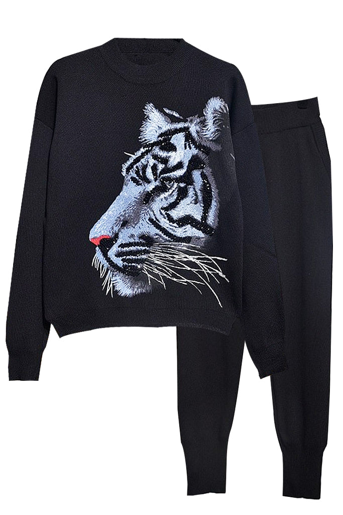Inaya Μαύρο Σετ Πουλόβερ και Παντελόνι με Σχέδιο Τίγρης και Κέντημα | Γυναικεία Ρούχα Πλεκτά Σετ