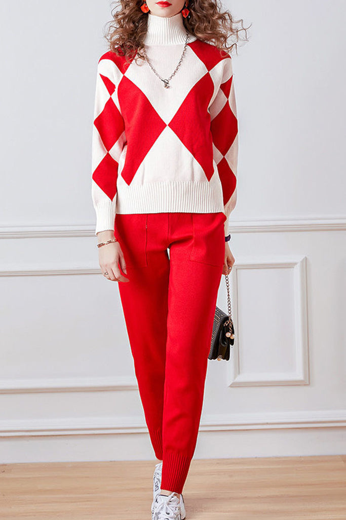 Rhombus Κόκκινο Σετ Πουλόβερ και Παντελόνι | Γυναικεία Ρούχα Πλεκτά Σετ