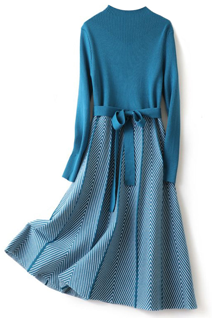 Clodine Μπλε Πλεκτό Φόρεμα με σχέδιο Ψαροκόκαλο | Φορέματα - Πλεκτά