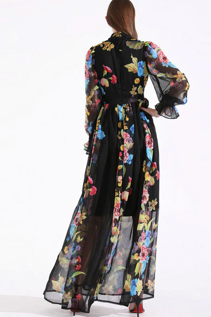 Alyona Μαύρο Εμπριμέ Μάξι Φόρεμα - De La Rosa | Γυναικεία Ρούχα