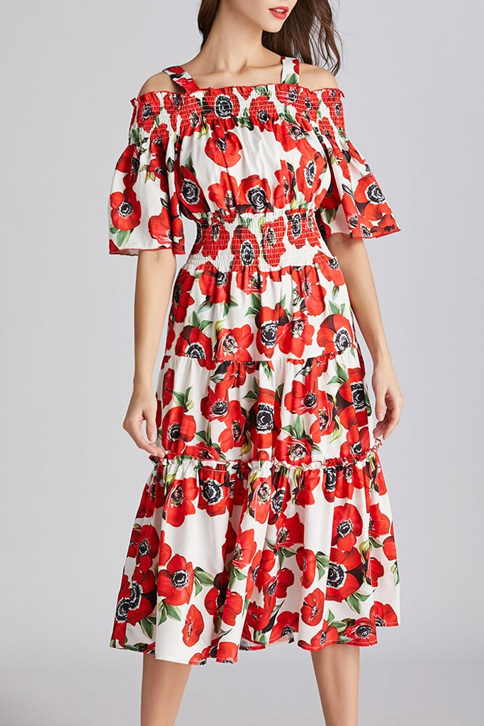 Pansy Κόκκινο Πολύχρωμο Φλοράλ Φόρεμα με Βολάν | Γυναικεία Ρούχα - Φορέματα 