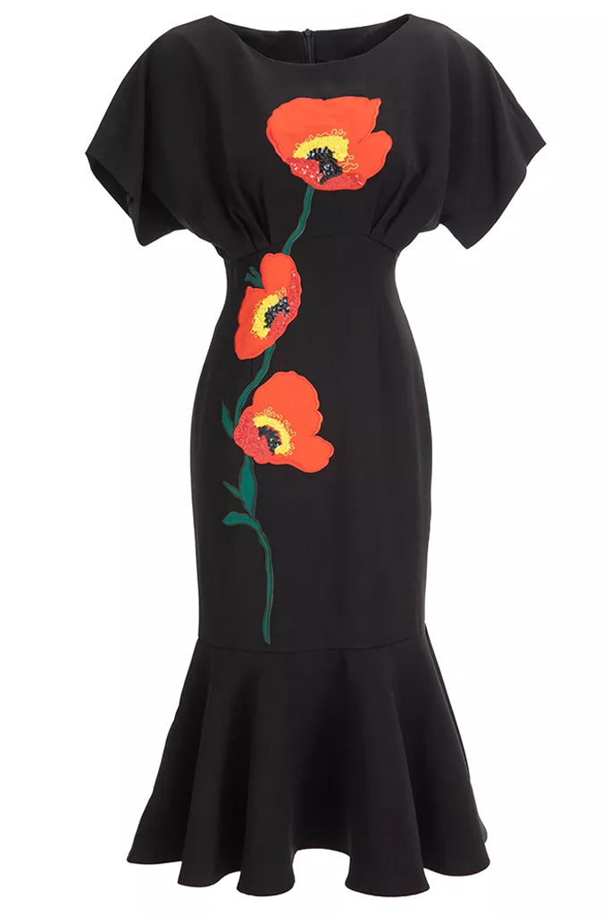 Pansies Μαύρο Φόρεμα με Κέντημα Λουλουδιών | Γυναικεία Ρούχα - Φορέματα Βραδινά