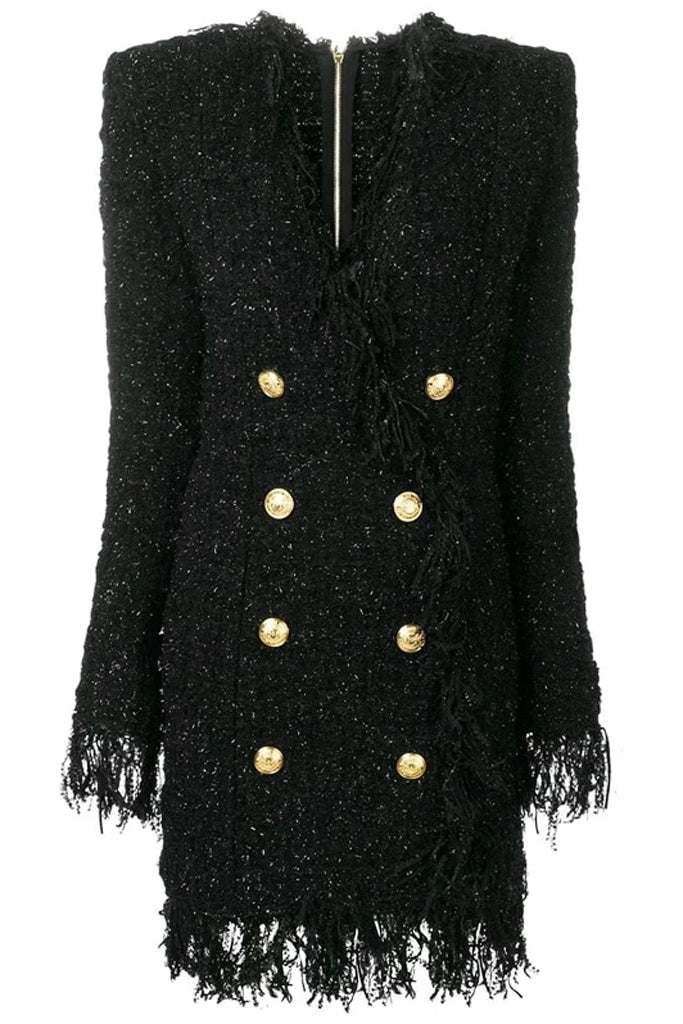 Adaria Black Tweed Fringe Mini Dress Jacket