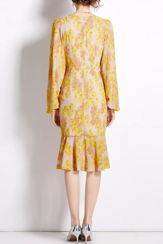 Tamia Yellow Gray Printed Dress