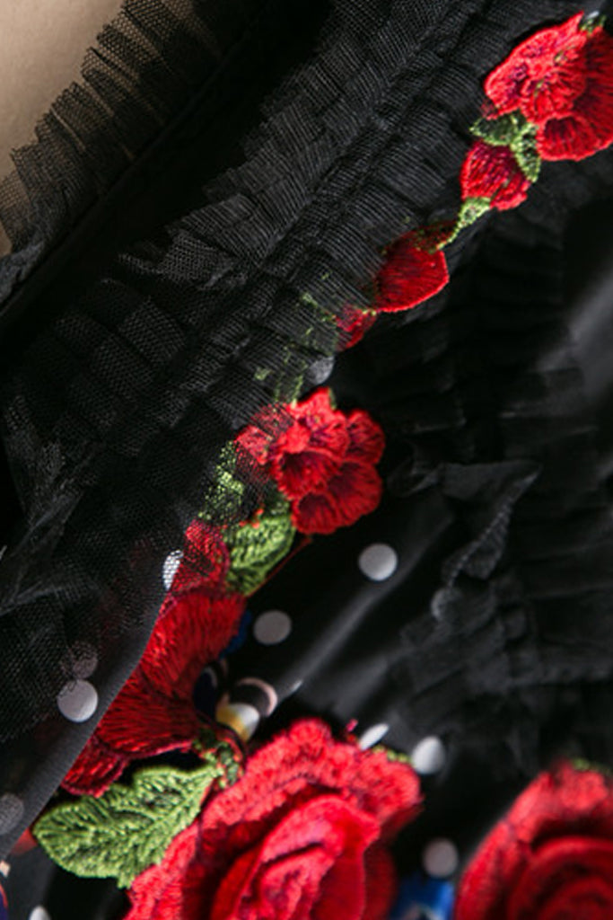 Marques Μαύρο Εμπριμέ Φόρεμα με Κεντήματα | Γυναικεία Ρούχα - Φορέματα - Βραδινά Marques Black Printed Evening Dress with Embroidery