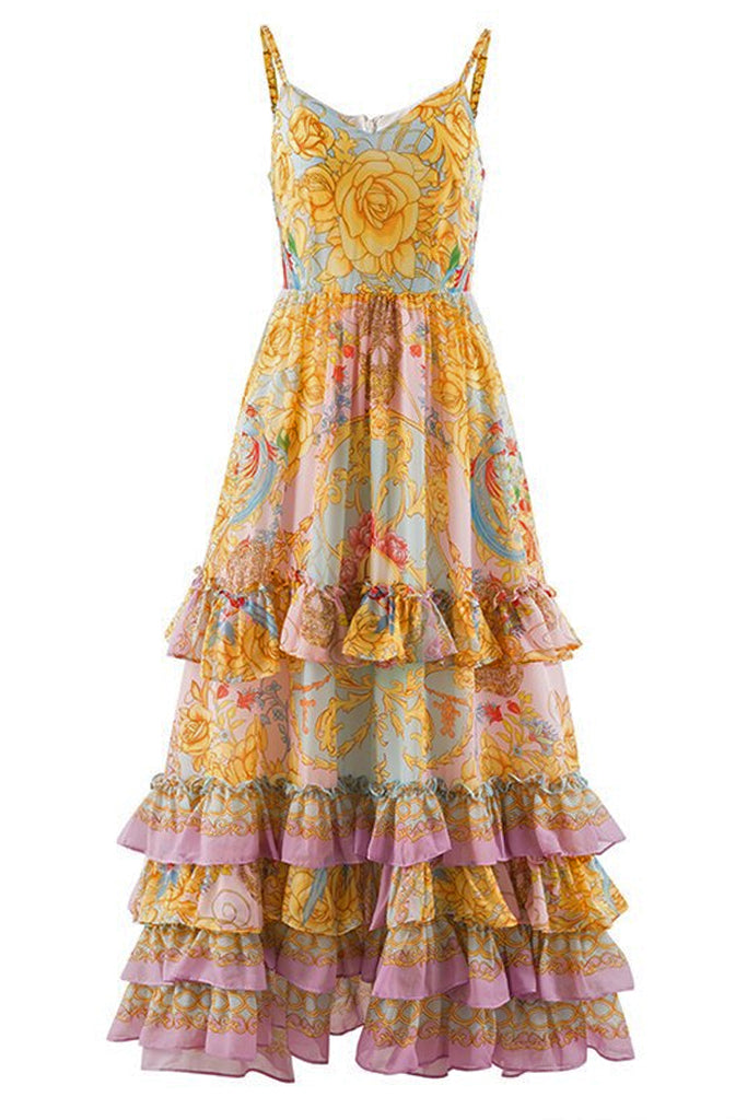 Ellanta Εμπριμέ Αμάνικο Φόρεμα με Βολάν | Γυναικεία Ρούχα - Φορέματα - Βραδινά Ellanta Pink Printed Dress