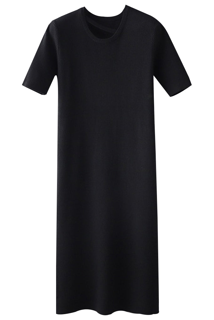 Iska Μαύρο Εφαρμοστό Πλεκτό Φόρεμα με Κοντά Μανίκια | Γυναικεία Ρούχα - Φορέματα - Πλεκτά | Iska Black Knit Fit Midi Dress with Short Sleeves