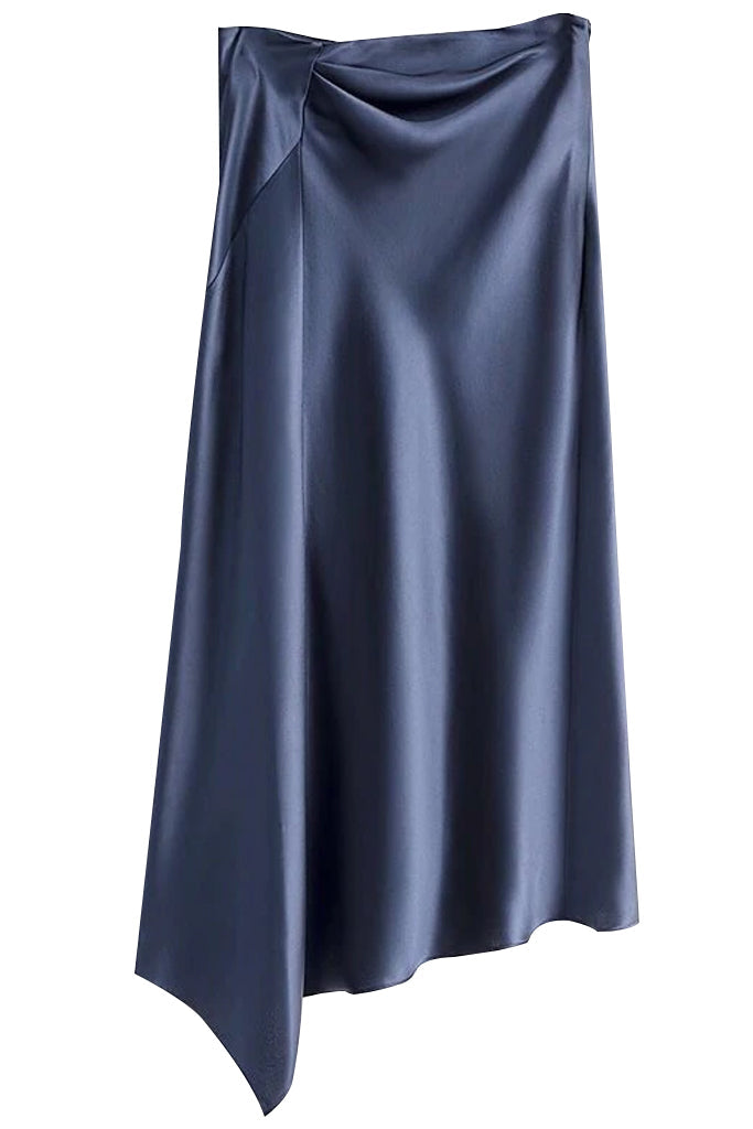 Tempy Μπλε Σατέν Ασύμμετρη Φούστα  | Γυναικεία Ρούχα - Φούστες - Σατέν