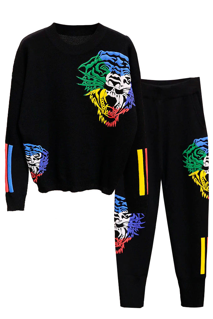 Tigre Μαύρο Oversized Σετ Πουλόβερ και Παντελόνι με Σχέδιο Τίγρης | Γυναικεία Ρούχα - Diane Ford