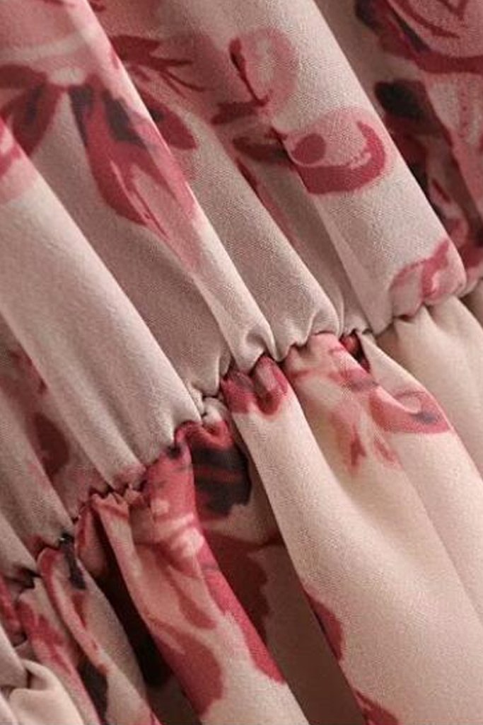 Μπεζ Ροζ Φλοράλ Φόρεμα με Βολάν | Γυναικεία Φορέματα