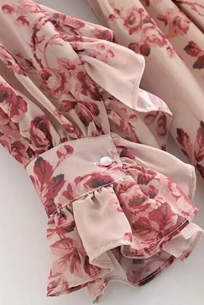 Μπεζ Ροζ Φλοράλ Φόρεμα με Βολάν | Γυναικεία Φορέματα