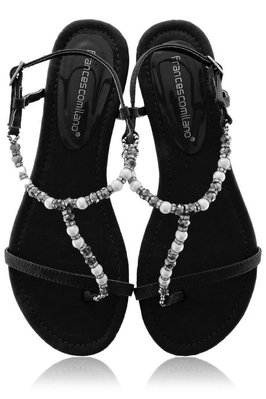 Elatia Black Sandals with Pearls &amp; Crystals