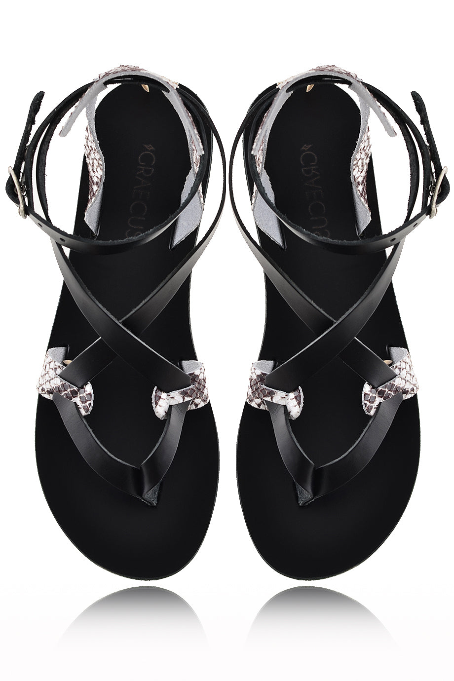 Artemis Μαύρα Δερμάτινα Σανδάλια με Τύπωμα Φιδιού - Graecus | Γυναικεία Παπούτσια