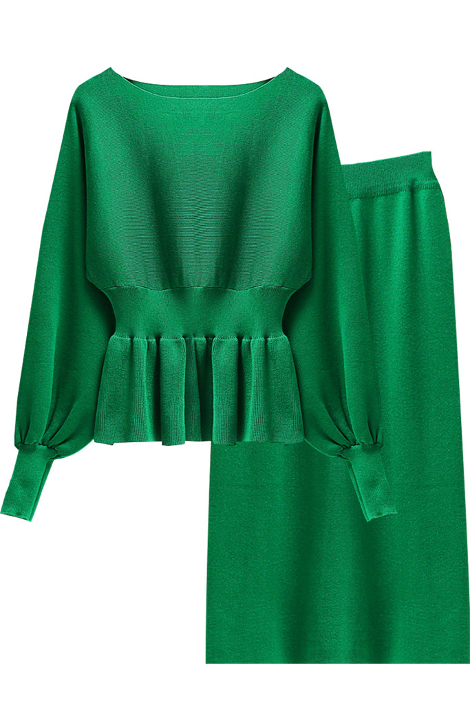 Alorta Πράσινο Πλεκτό Σετ με Μπλούζα και Φούστα | Γυναικεία Ρούχα - Πλεκτά Σετ | Alorta Green Knit Set with Top and Skirt