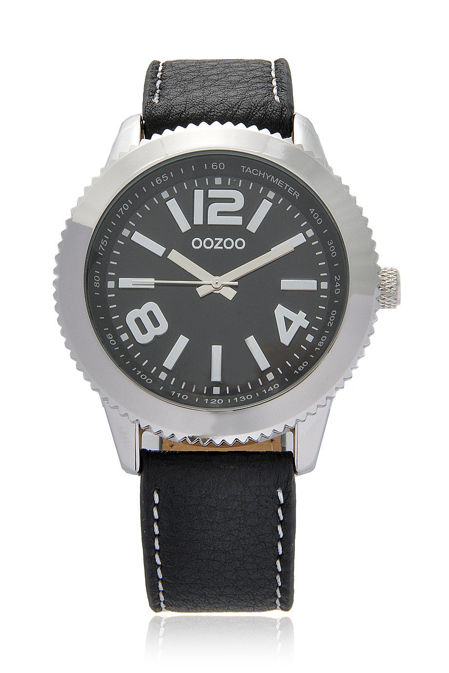 C3844 Silver Watch with Black Leather Strap