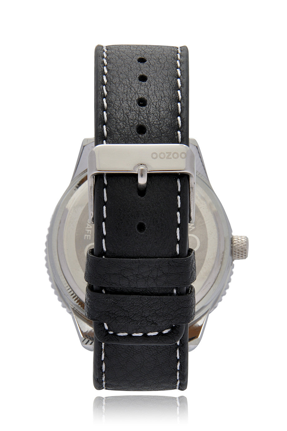 C3844 Silver Watch with Black Leather Strap